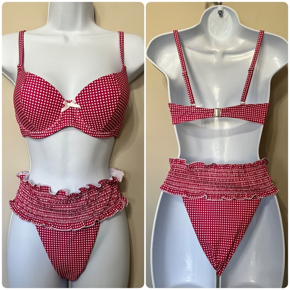 Red Gingham Push Up Ruffle Cheeky Bikini Set - Picture 2 of 15